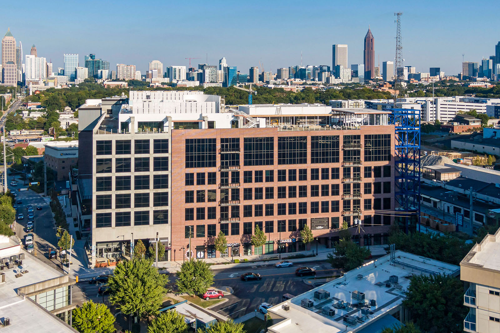 The Interlock mixed-use lifestyle center with the Atlanta skyline in the background